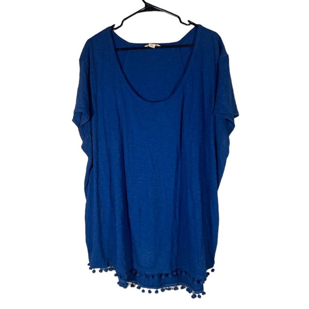 Caslon Blue Short Sleeve Pom Pom Detail Cotton Blouse Women Sz 3X